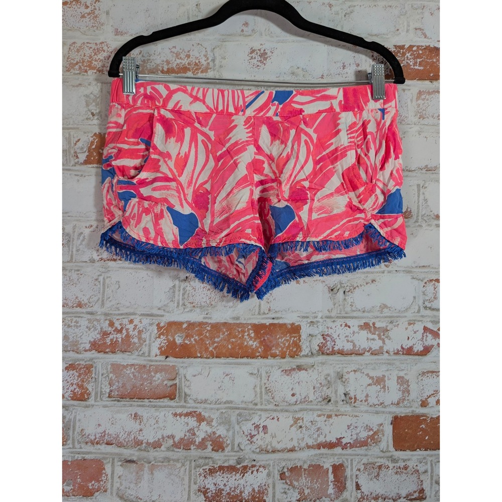 Lilly Pulitzer Shorts Womens Small Pink Blue Palm Print Fringe Trim Tropical